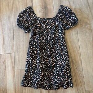 WHO WHAT WEAR Dress Womens Size M Leopard Print Puff Sleeve Button Front